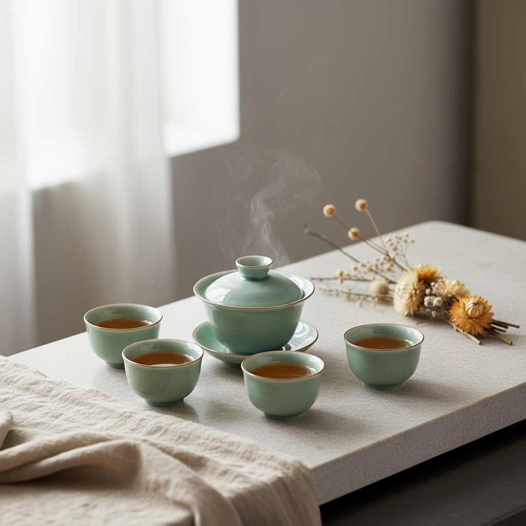 Pale celadon gaiwan and four cups arranged with amber tea, linen and flowers on a tea table