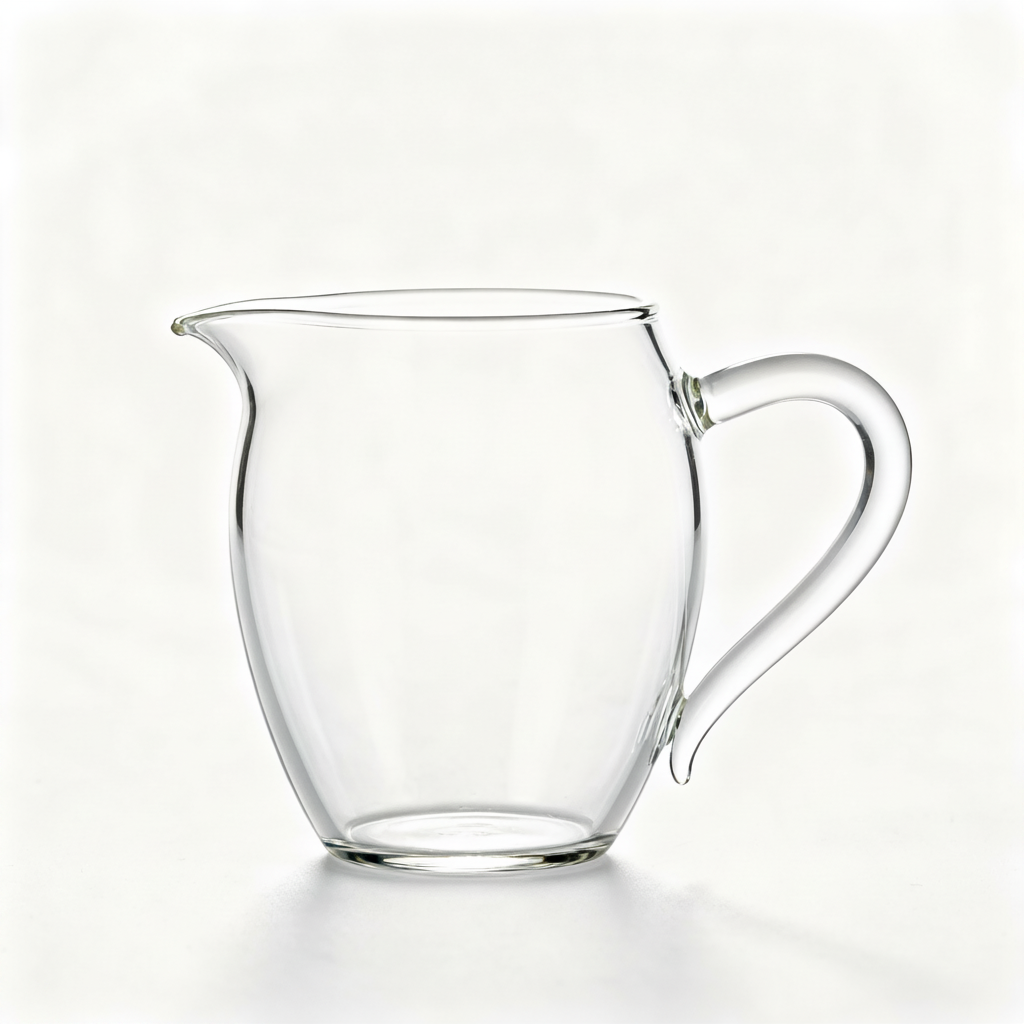 Clear glass water pitcher with rounded body, wide opening, clean spout and curved handle on a white background
