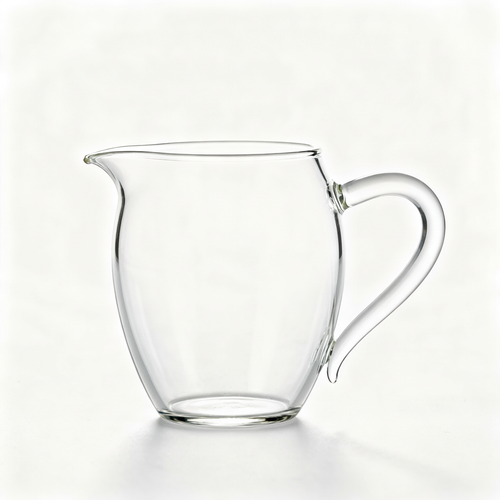 Clear glass water pitcher with rounded body, wide opening, clean spout and curved handle on a white background