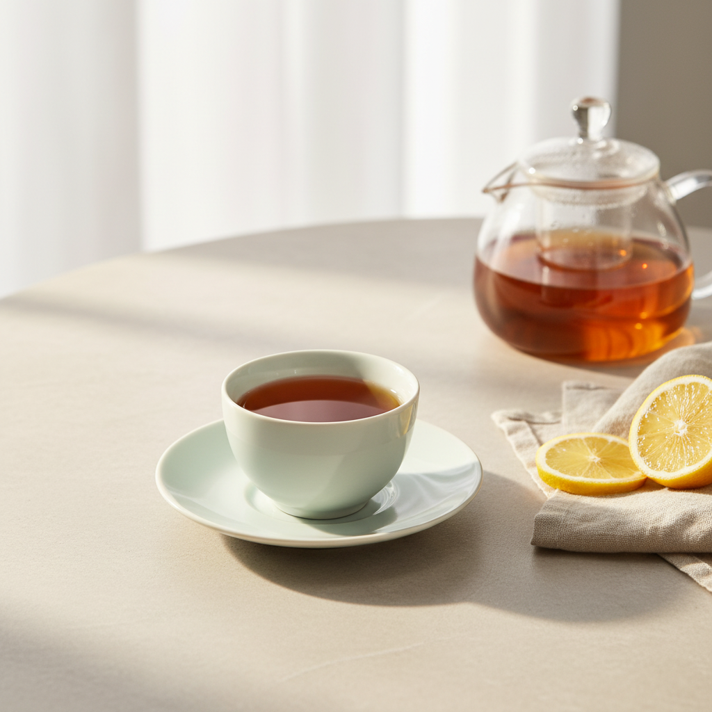 Pale celadon ceramic tea saucer beneath a cup of amber tea beside a glass teapot and lemon