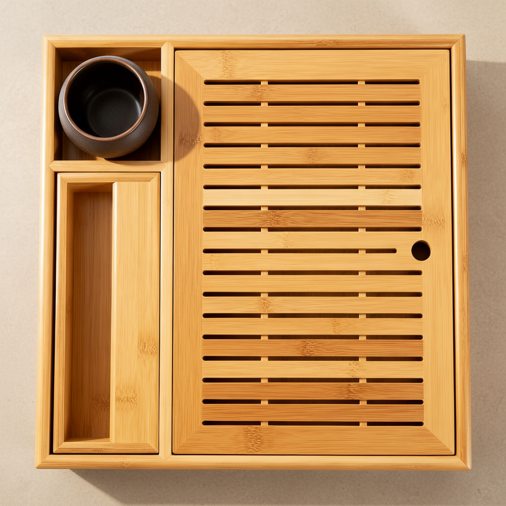 Close-up of the natural bamboo grain, raised border, drainage slots, round opening and side compartments