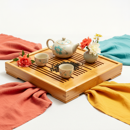 Large bamboo drainage tea tray with teapot, cups, flowers and colorful tea table linens