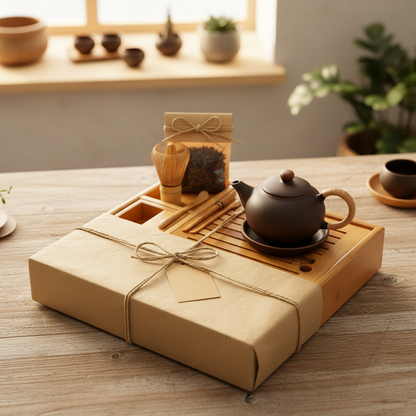 Large bamboo tea tray presented with a ceramic teapot, tea tools, loose tea and natural gift wrapping