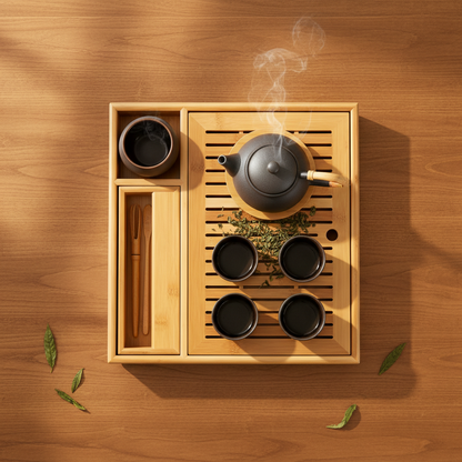Large bamboo tea tray holding a teapot, cups, tea leaves and bamboo tools on a wooden table