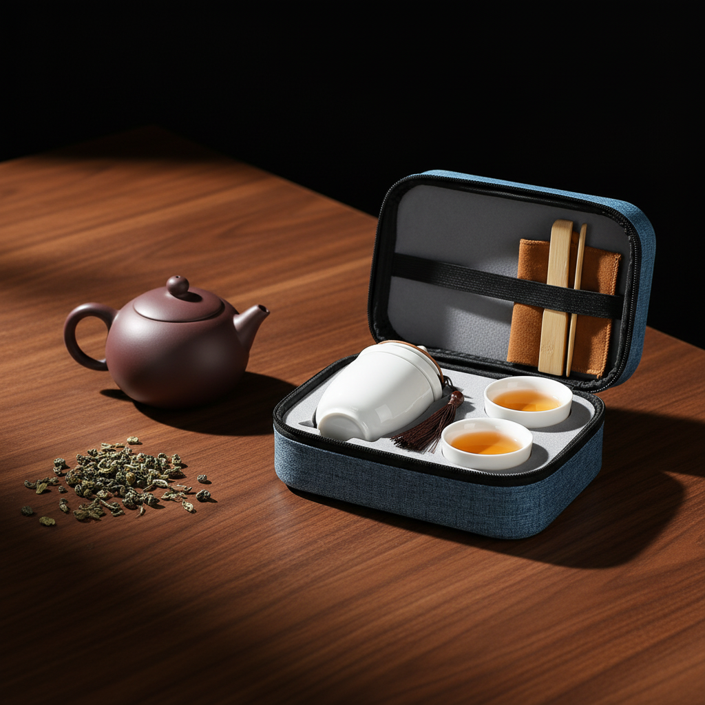 Blue portable tea set open beside a plum teapot and loose tea on a dark walnut tea table