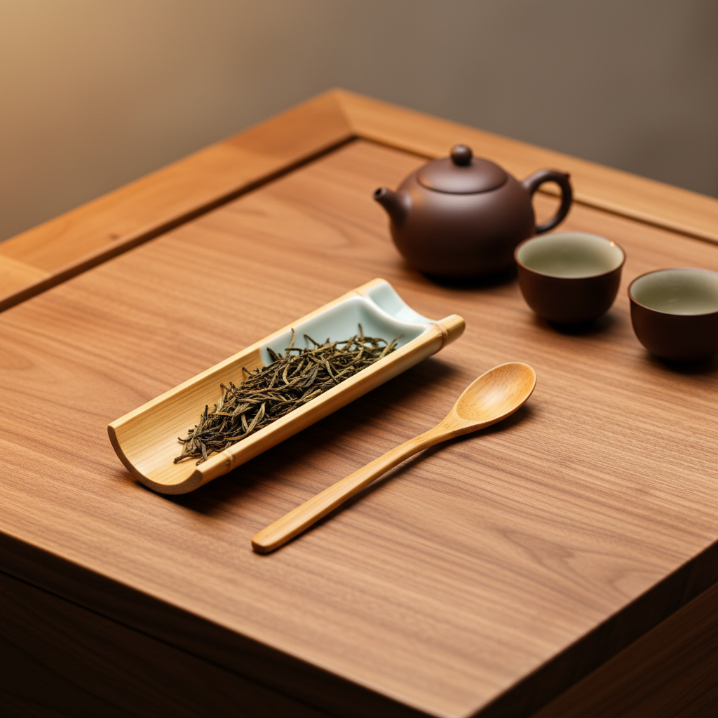 Bamboo tea scoop and long leaf tray with green tea beside a teapot and cups on a walnut table
