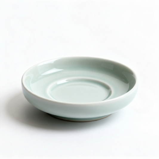 Pale celadon-white glazed ceramic tea resting dish with a raised inner ring on a white background