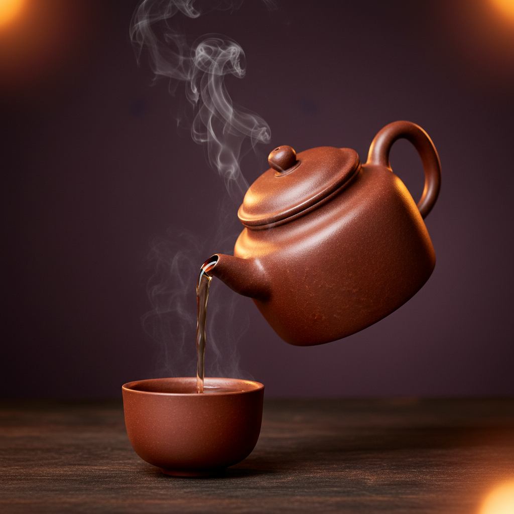 Warm reddish-brown covered teapot pouring steaming tea into a small cup