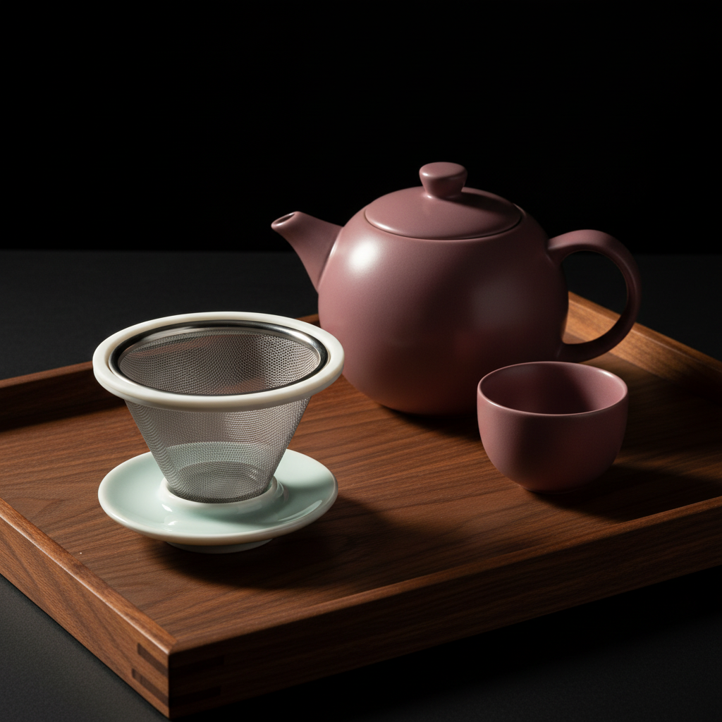 White ceramic tea infuser on a dark walnut tray beside a plum teapot and cup