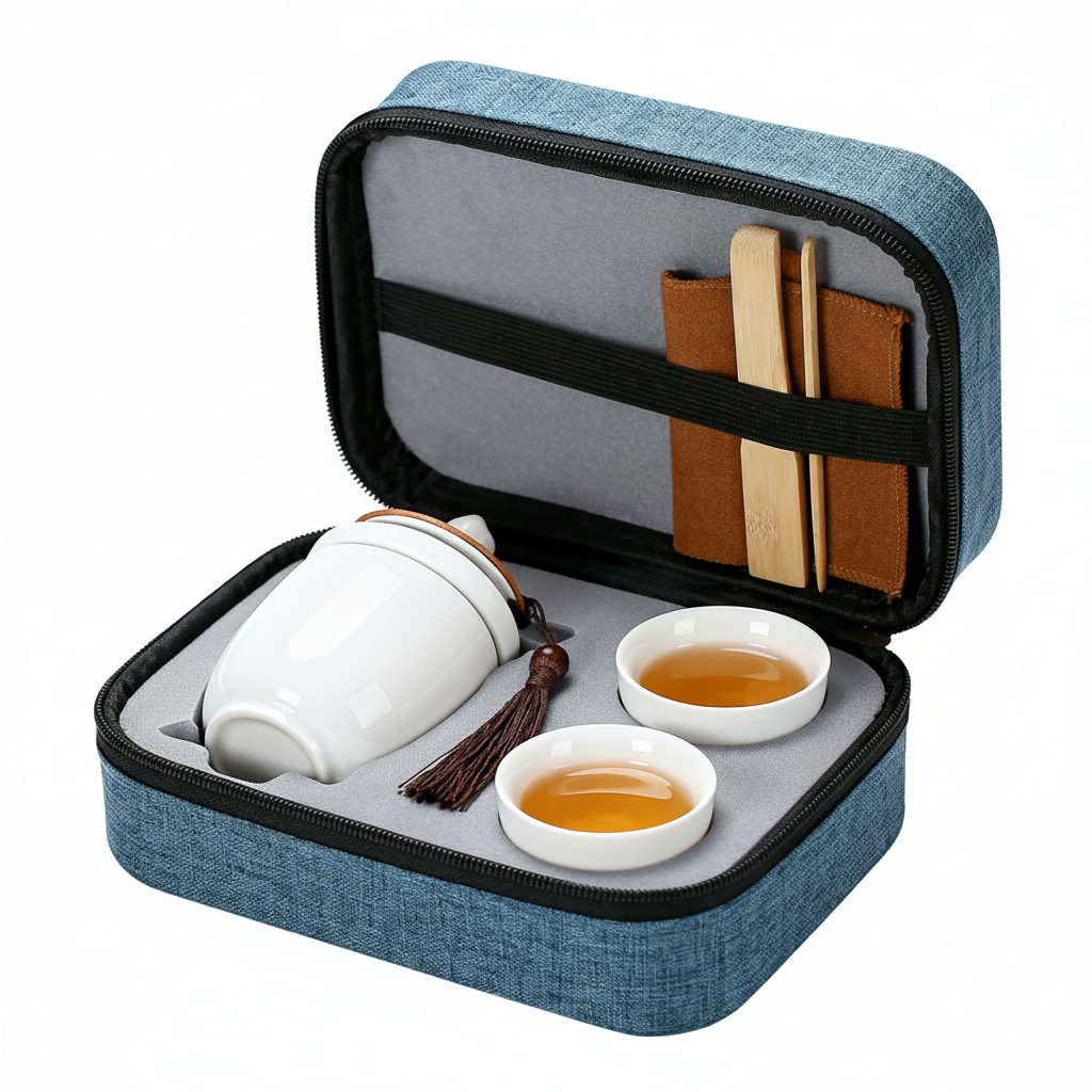 Blue zippered portable tea travel set open with white teaware, two tasting cups, bamboo tools and tassel
