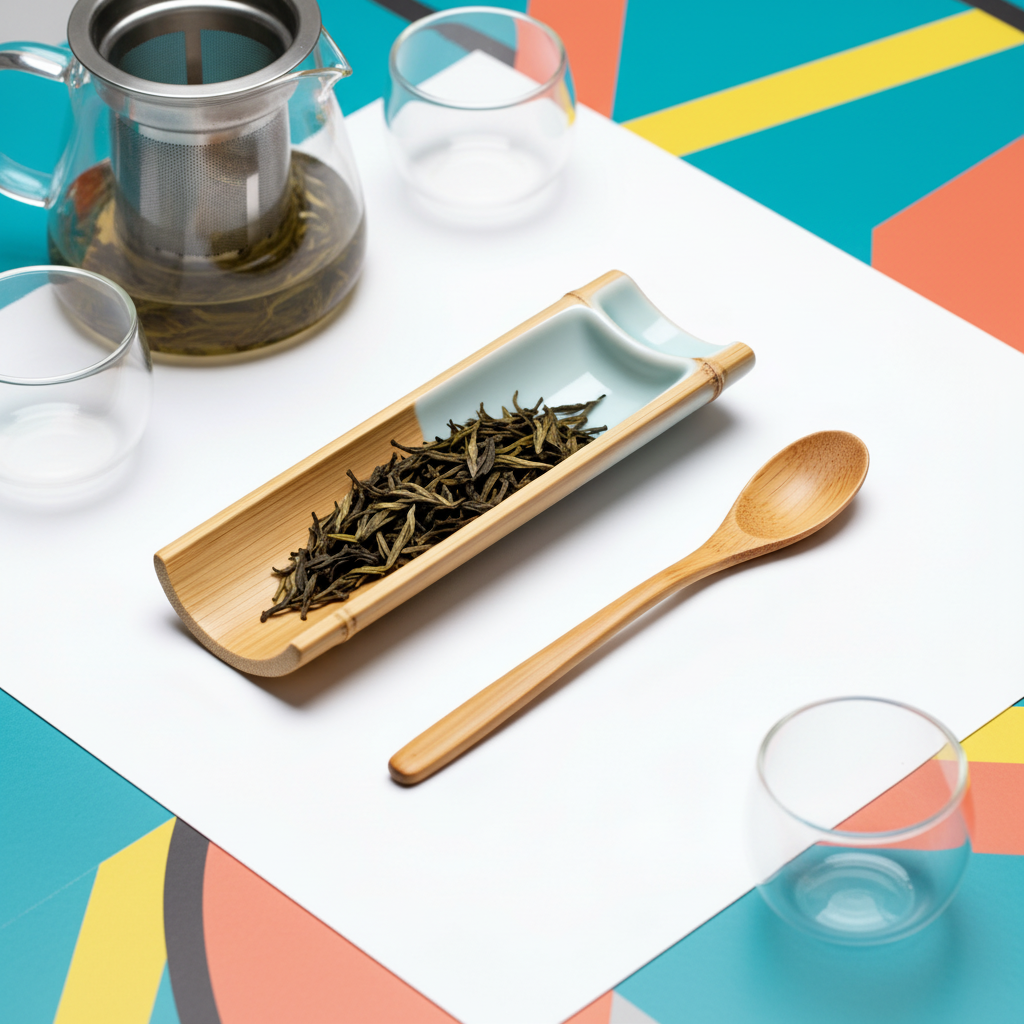 Bamboo tea scoop and leaf tray with pale celadon insert on a colorful table beside a glass teapot